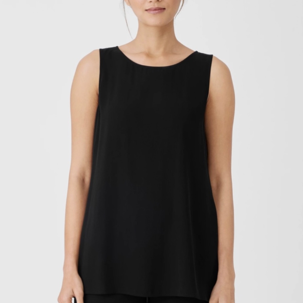 EILEEN FISHER 100% Silk Georgette Crepe Black Sleeveless Tunic Top US Sz XL